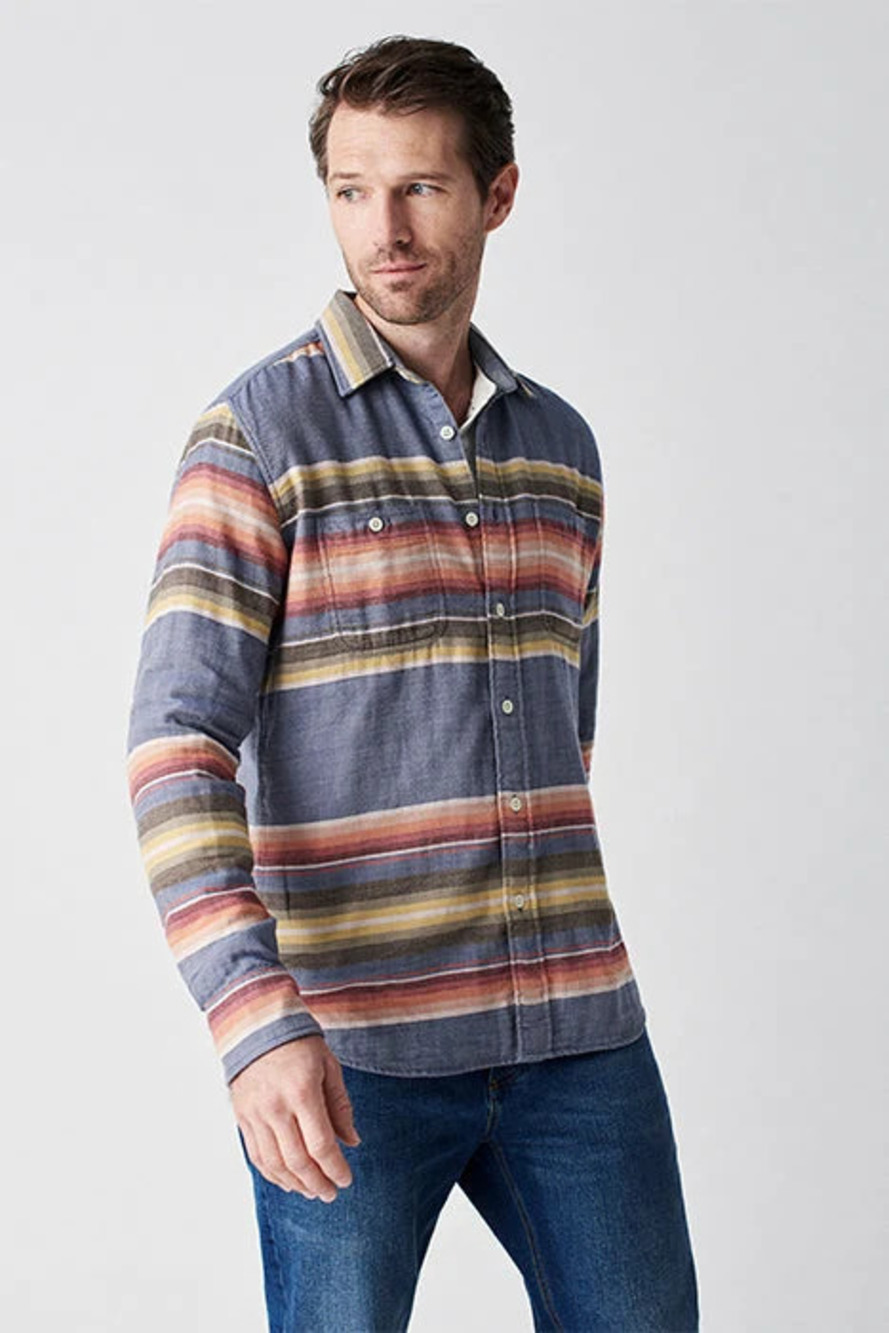 Faherty Heather Blue Button Up Shirt With Multi-Colored Stripes/30252